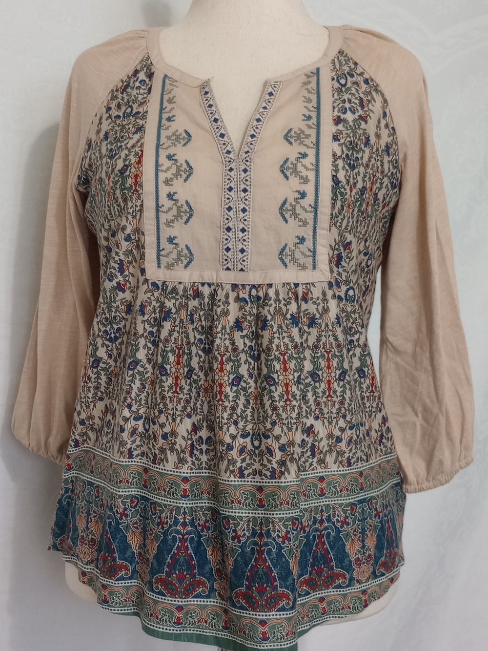 Vintage America Beige Tunic with Multicolor Floral Embroidery